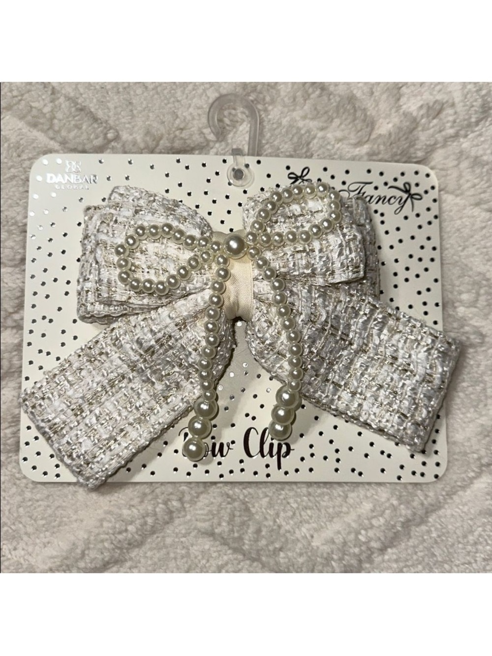 DANBAR GLOBAL Ivory Gold White Tweed Faux Pearl Overlay Bow Hair Clip
